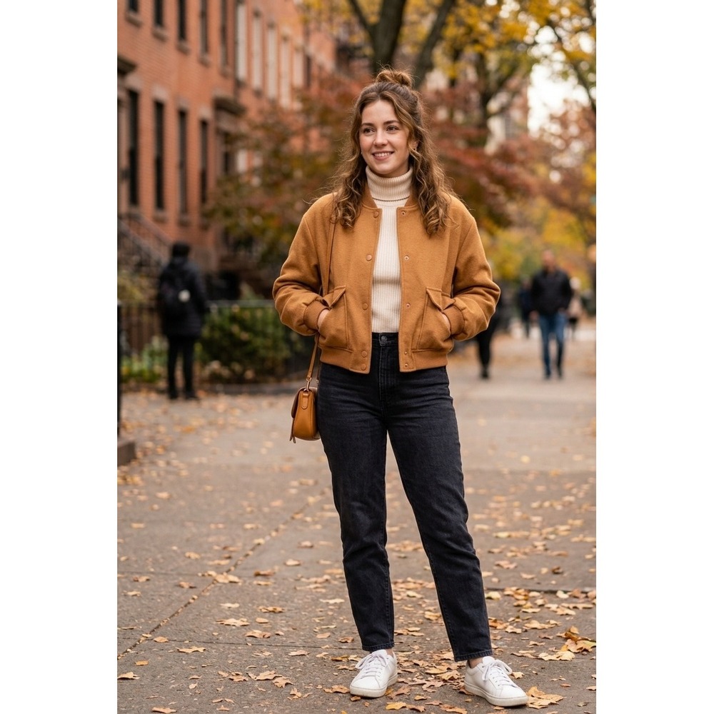 Hunter & Brown Camel Brown Bomber Jacket Snap Front Cropped Large NWOT
